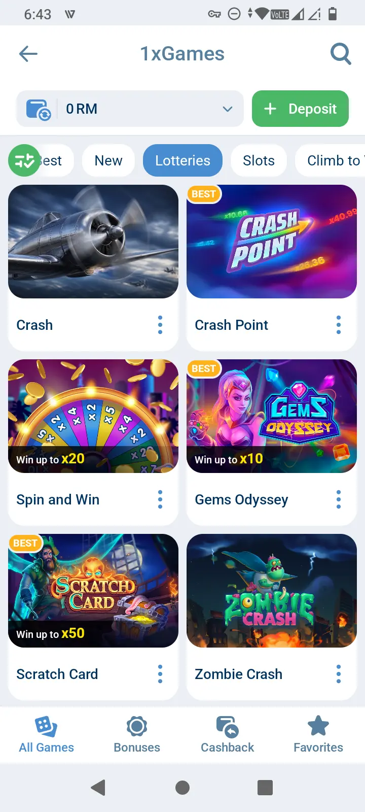 1xBet 1xGames lobby showing Crash, Crash Point, Spin and Win and Gems Odyssey