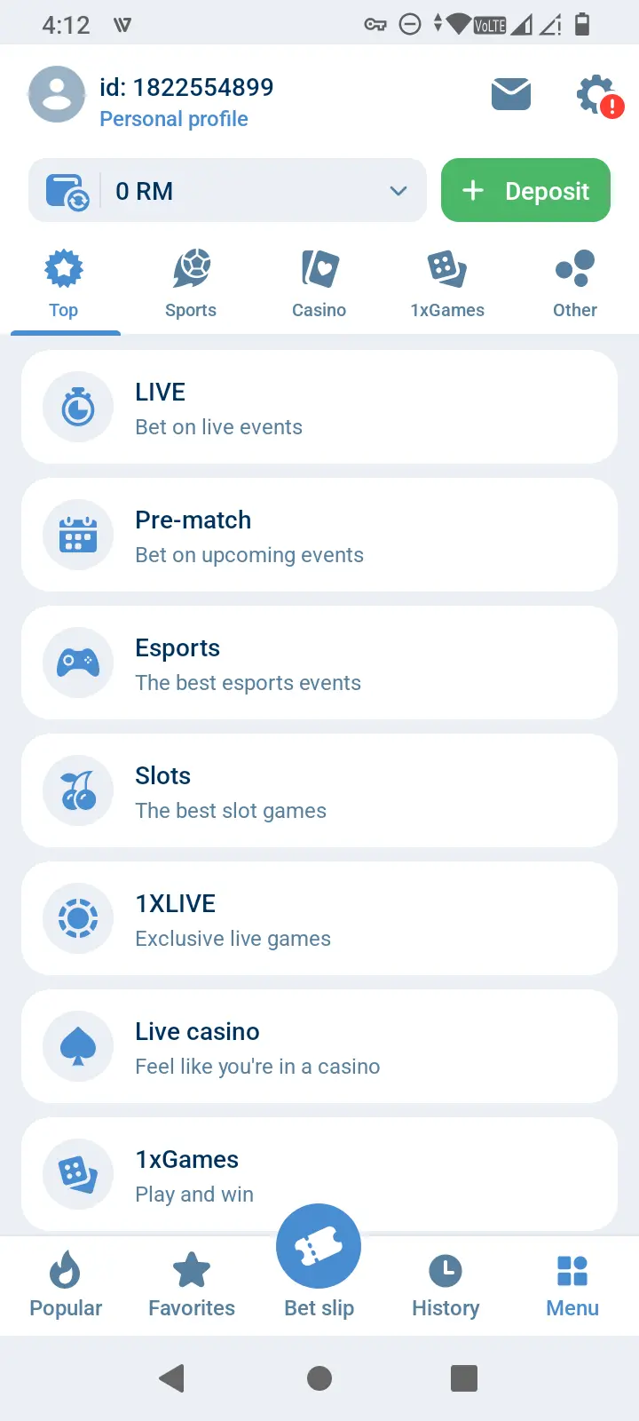 1xBet app account profile screen with Malaysian ringgit MYR balance