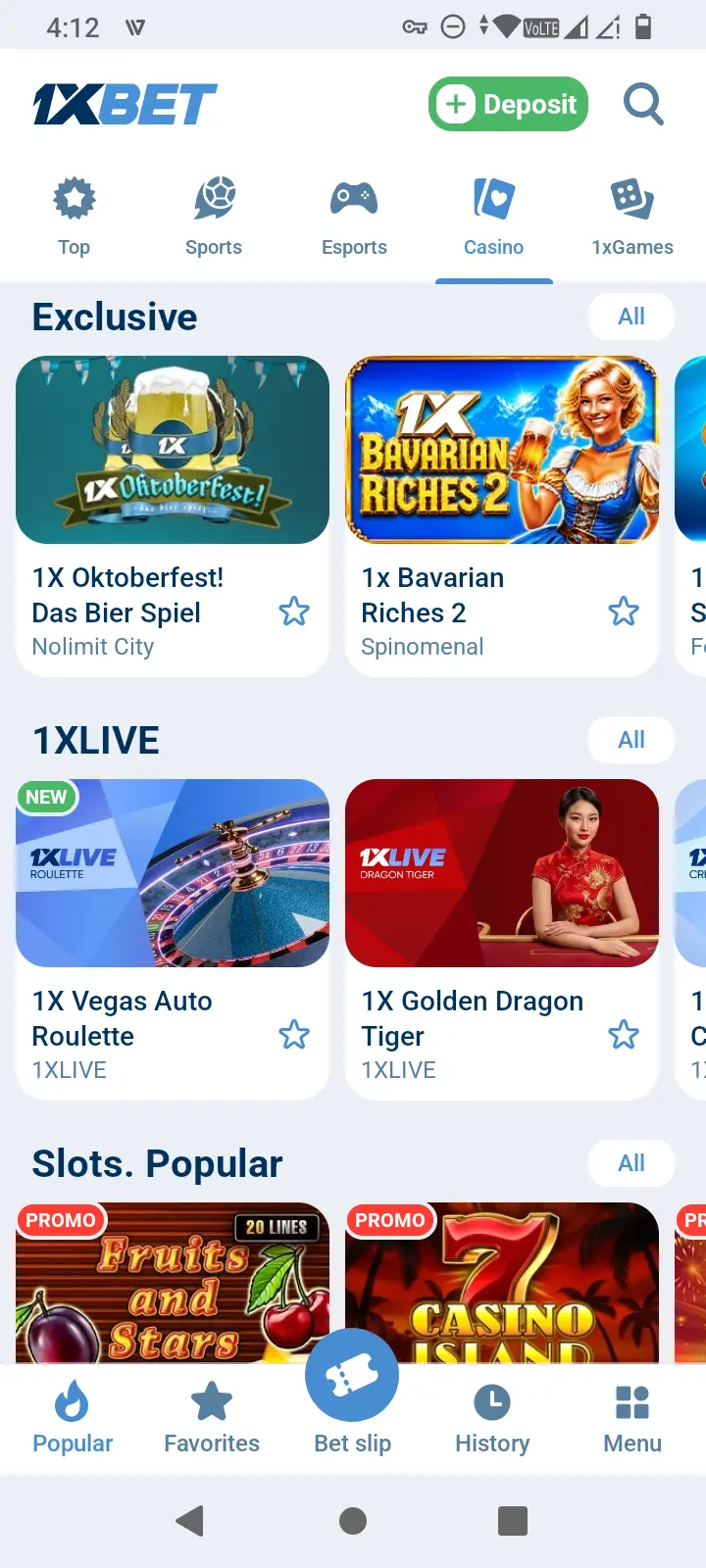 1xBet casino lobby Exclusive and 1XLIVE game categories
