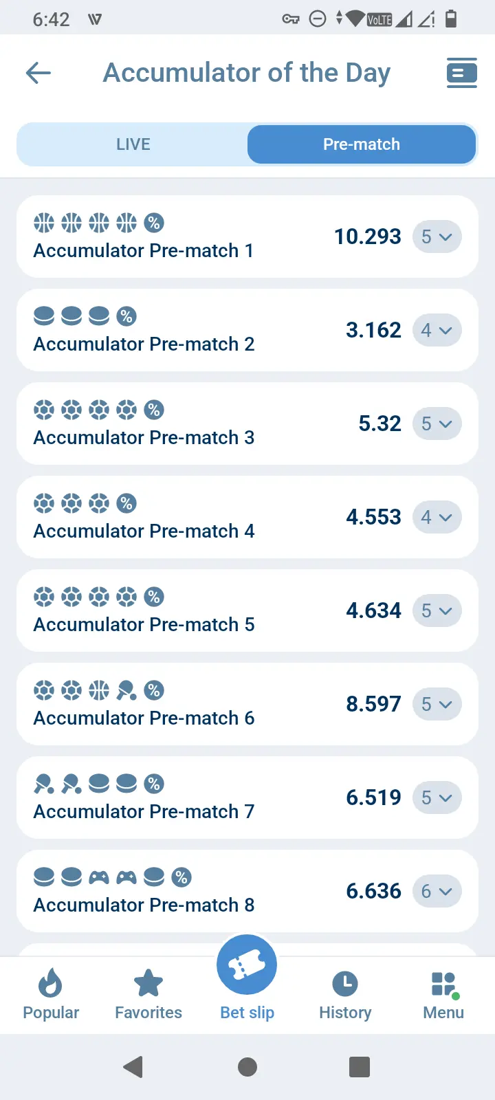 1xBet create bet slip screen with stake, desired winnings, and accumulator type