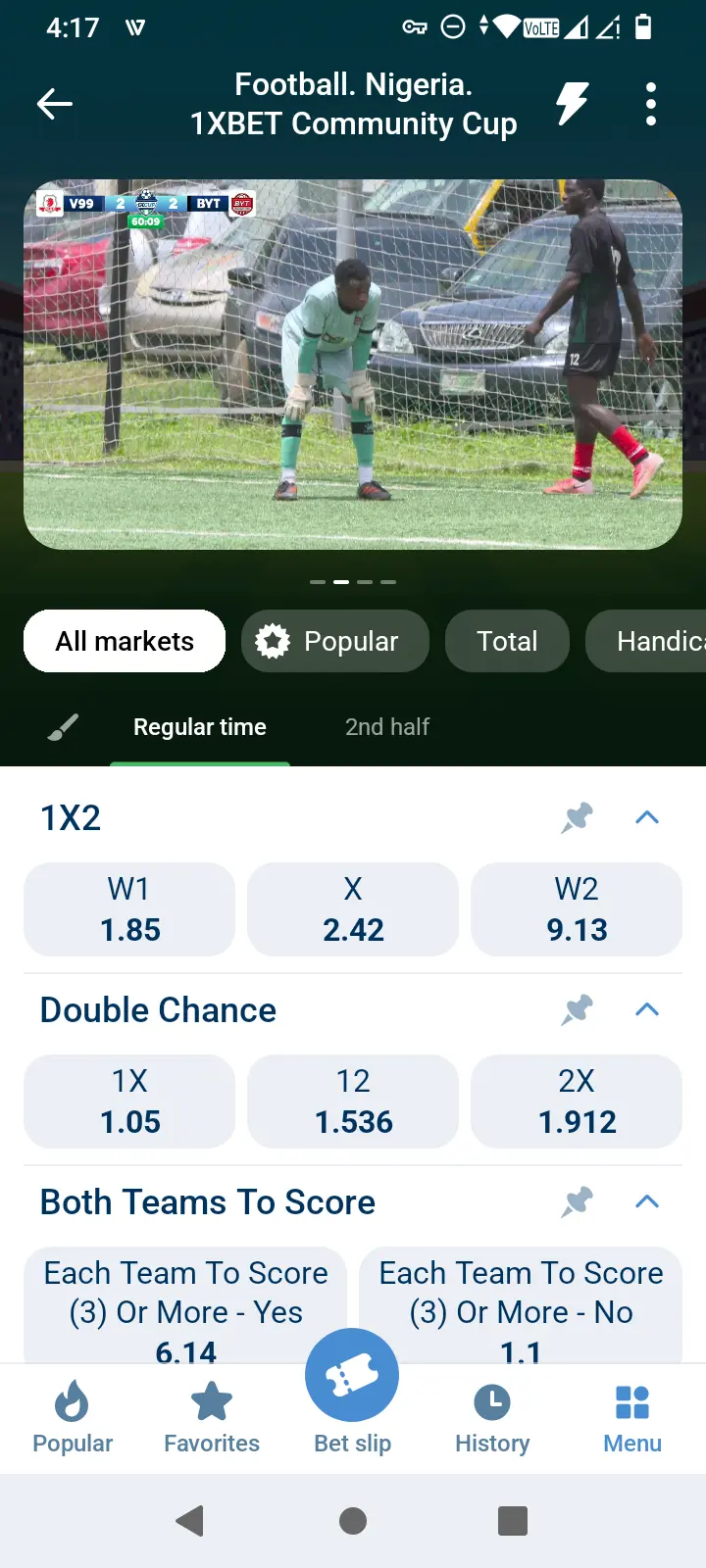 1xBet live football match odds screen with 1X2 and double chance markets