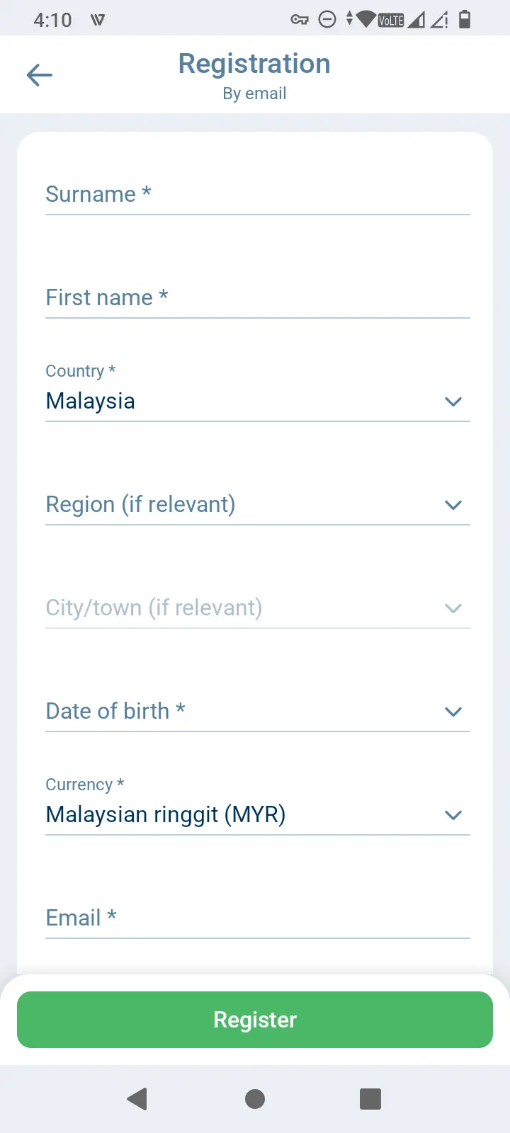1xBet email registration screen set to Malaysia and Malaysian ringgit MYR
