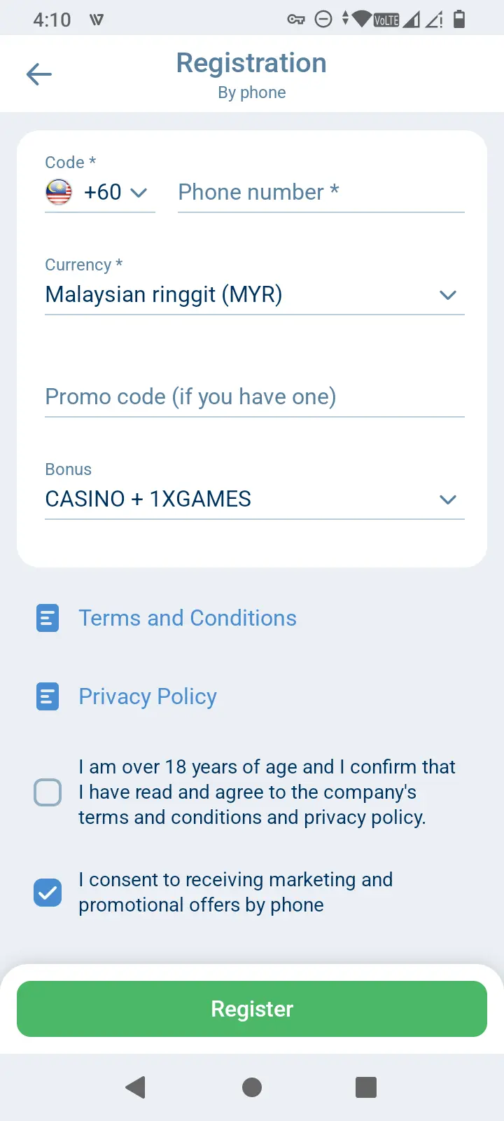 1xBet phone number registration screen set to Malaysia and Malaysian ringgit MYR