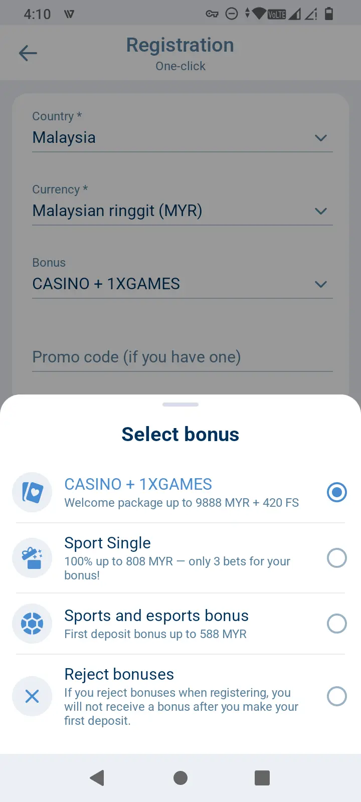 1xBet select bonus screen during registration showing Casino + 1xGames and Sports bonus options