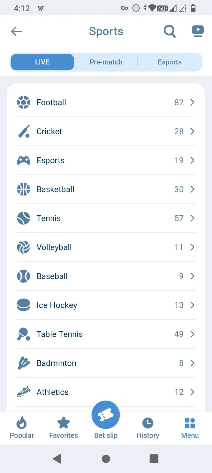1xBet sports list showing Football, Cricket, Esports, Basketball, Tennis and other disciplines with event counts
