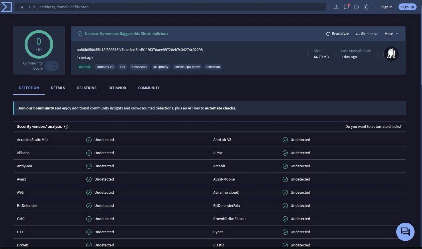 VirusTotal scan report showing 0 of 64 security vendors flagged the 1xBet APK as malicious