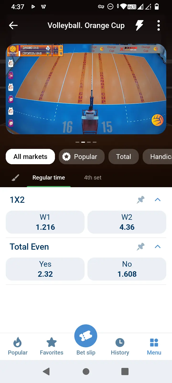 1xBet live volleyball match stream with odds markets